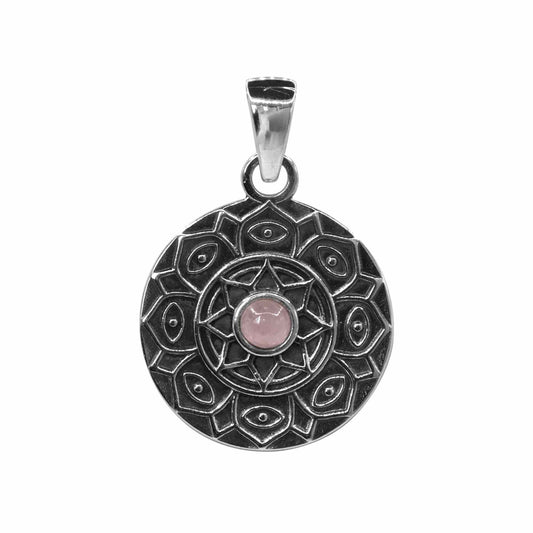 Colgante de Plata Medalla de Loto con Cuarzo Rosa
