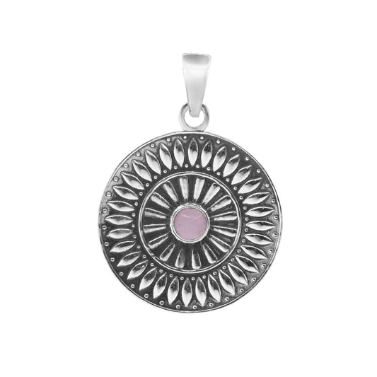 Colgante de Plata Medalla Flor con Piedra de Cuarzo Rosa