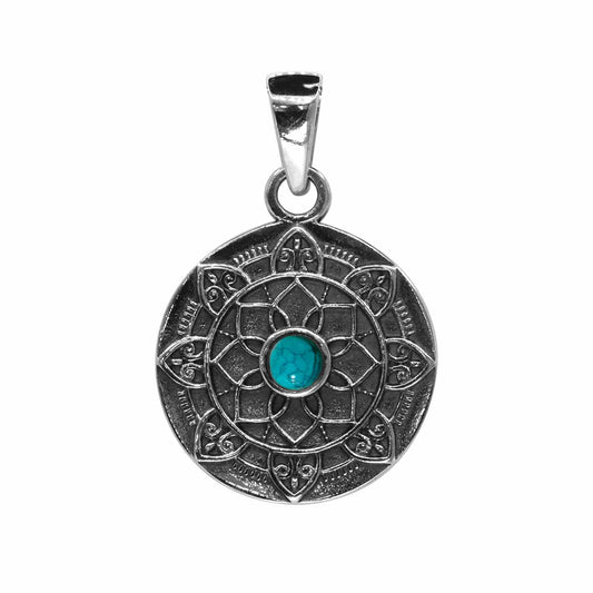 Colgante de Plata Medalla Mandala Flor con Piedra Turquesa