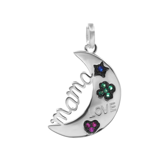 Colgante de Plata Media Luna Mamá Love con Circones de Colores