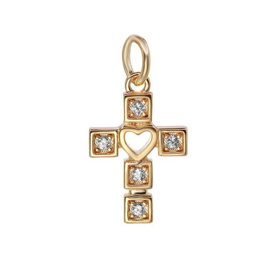 Colgante Enchapado en Oro - Cruz Corazón Calado y Circones