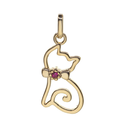 Colgante Enchapado en Oro Gato con Laso Coquette y Circón Magenta