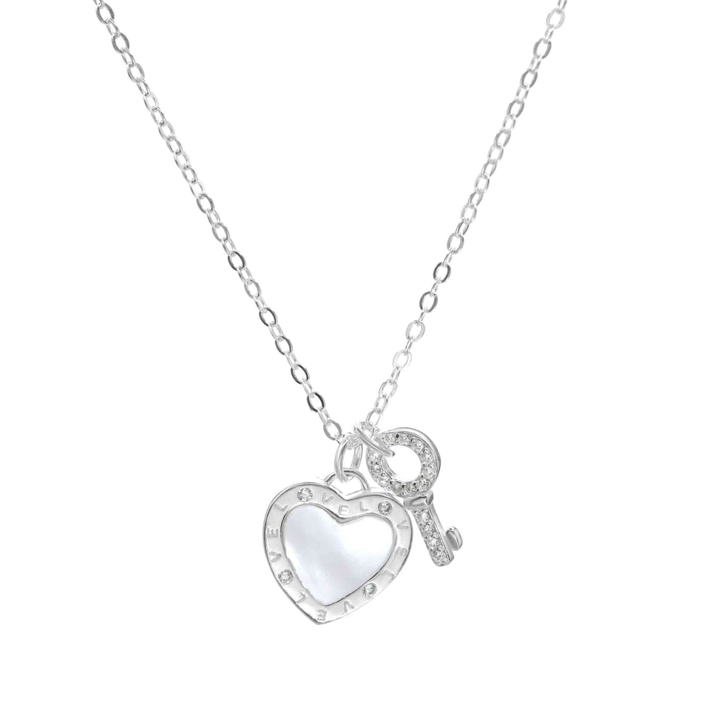 Collar de Plata Corazón con Placa de Nácar y Llave con Circones