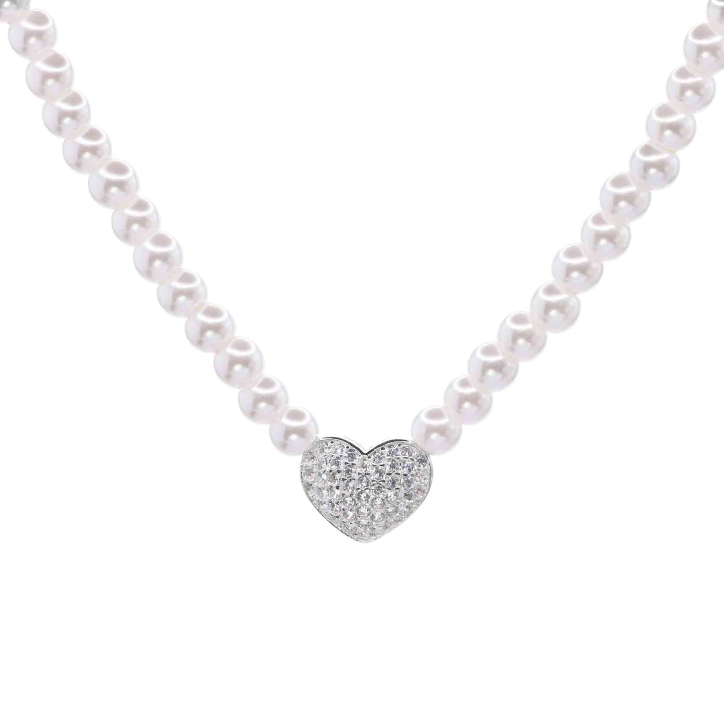 Collar de Plata Delicadas Perlas con Corazón de Circones