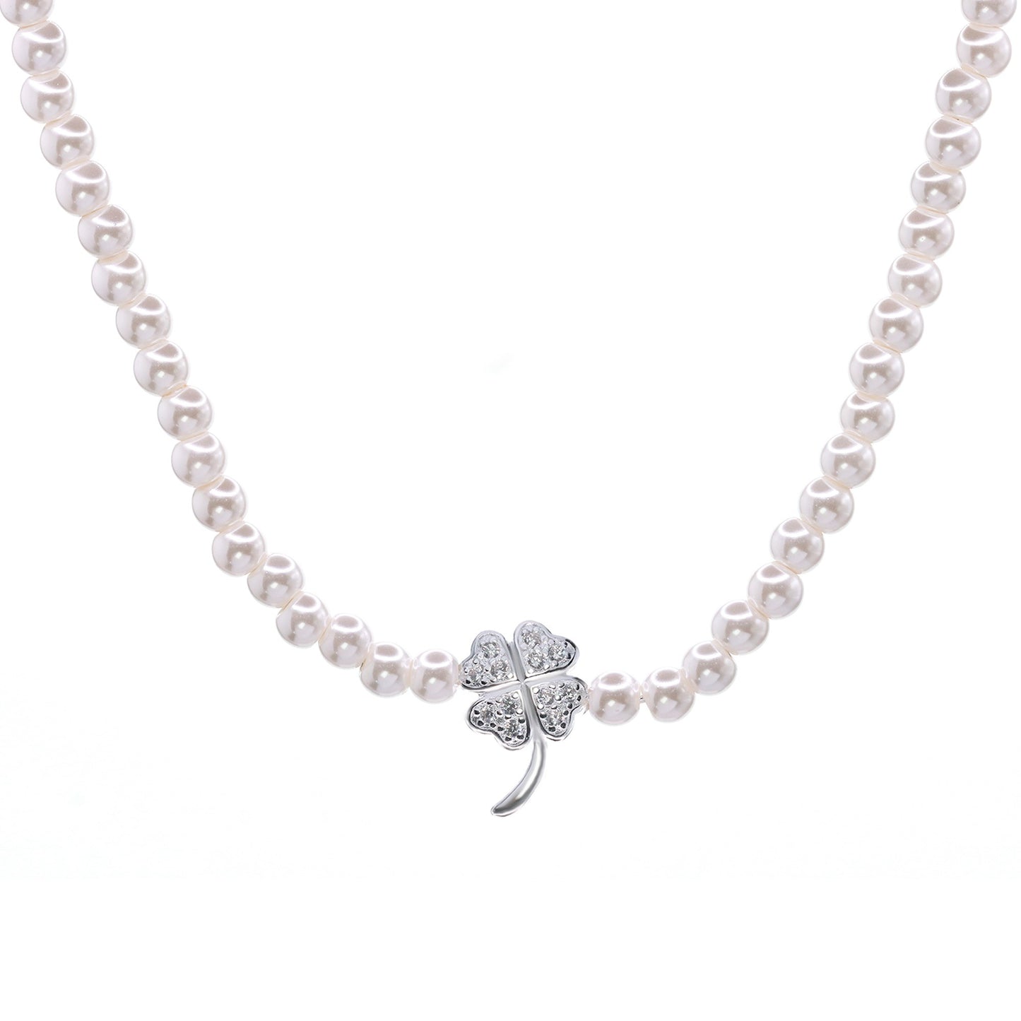 Collar de Plata - Clásico de Perlas y Dije Trébol con Circones