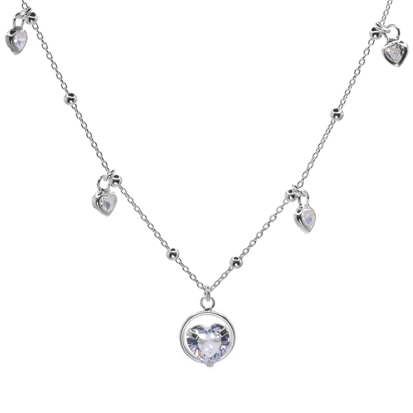 Collar de Plata - Esferas Lisas con Circones de Corazón