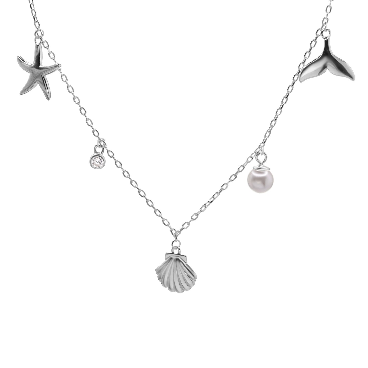 Collar de Plata - Marino con Pequeño Circón y Perla de Imitación
