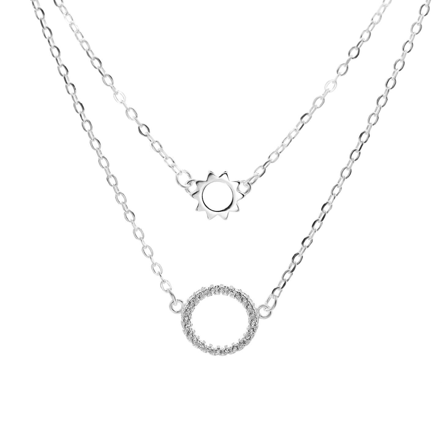 Collar de Plata Doble Cadena con Dije Sol y Circulo de Circones