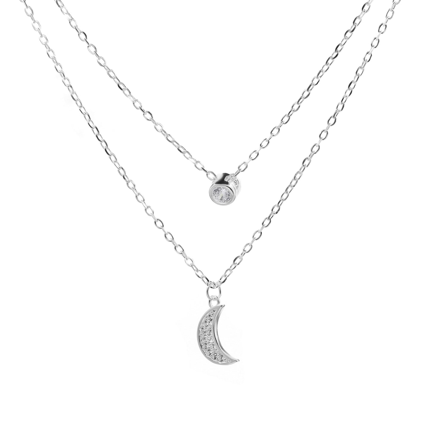 Collar de Plata Doble Cadena con Punto de Luz con Media Luna con Circones