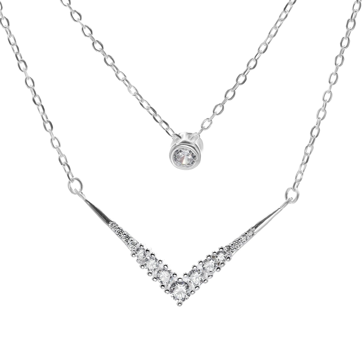 Collar de Plata Doble Cadena con Punto de Luz y - en V con Serie de Circones