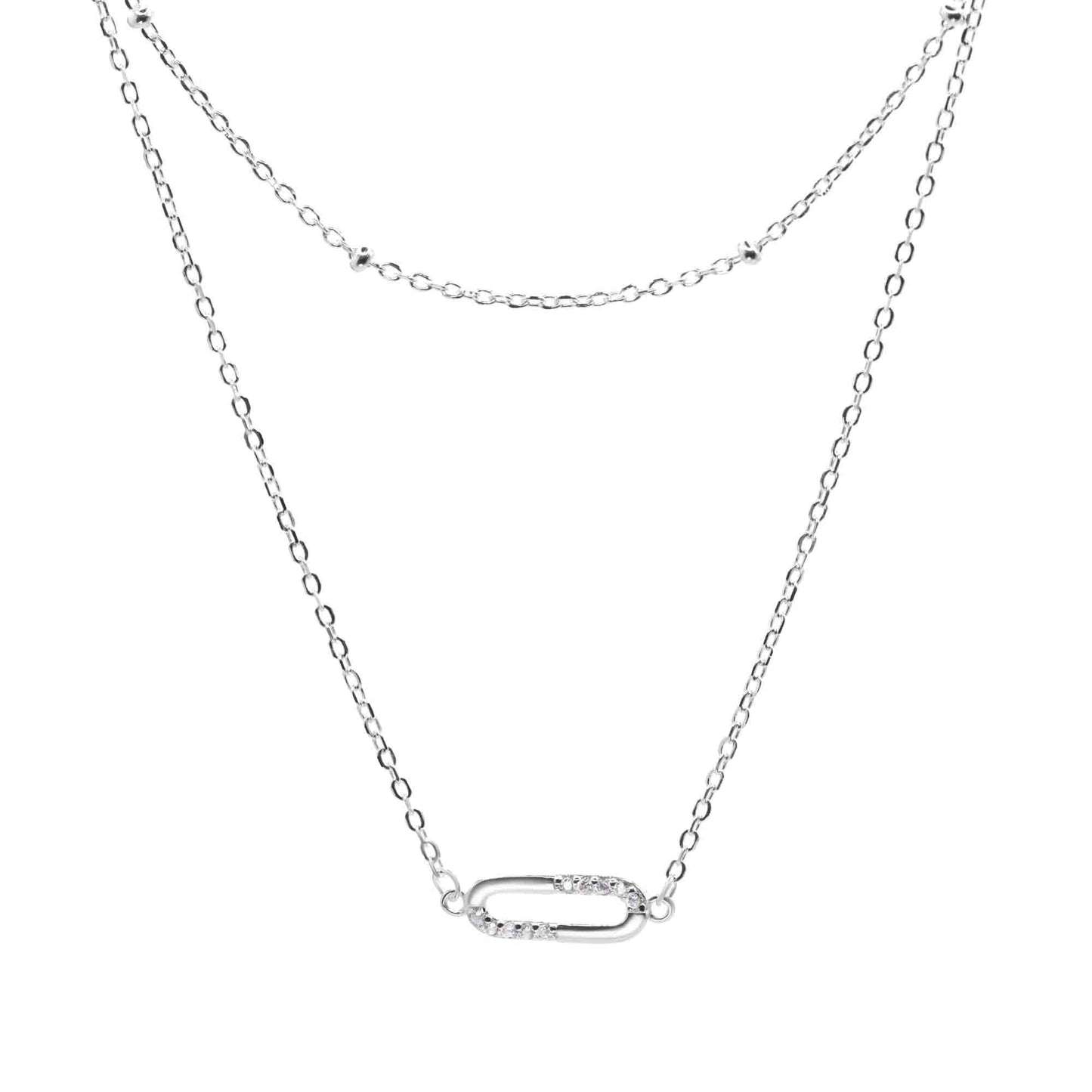 Collar de Plata Doble Cadena Mixta con Aplicación de Circones en Colgante