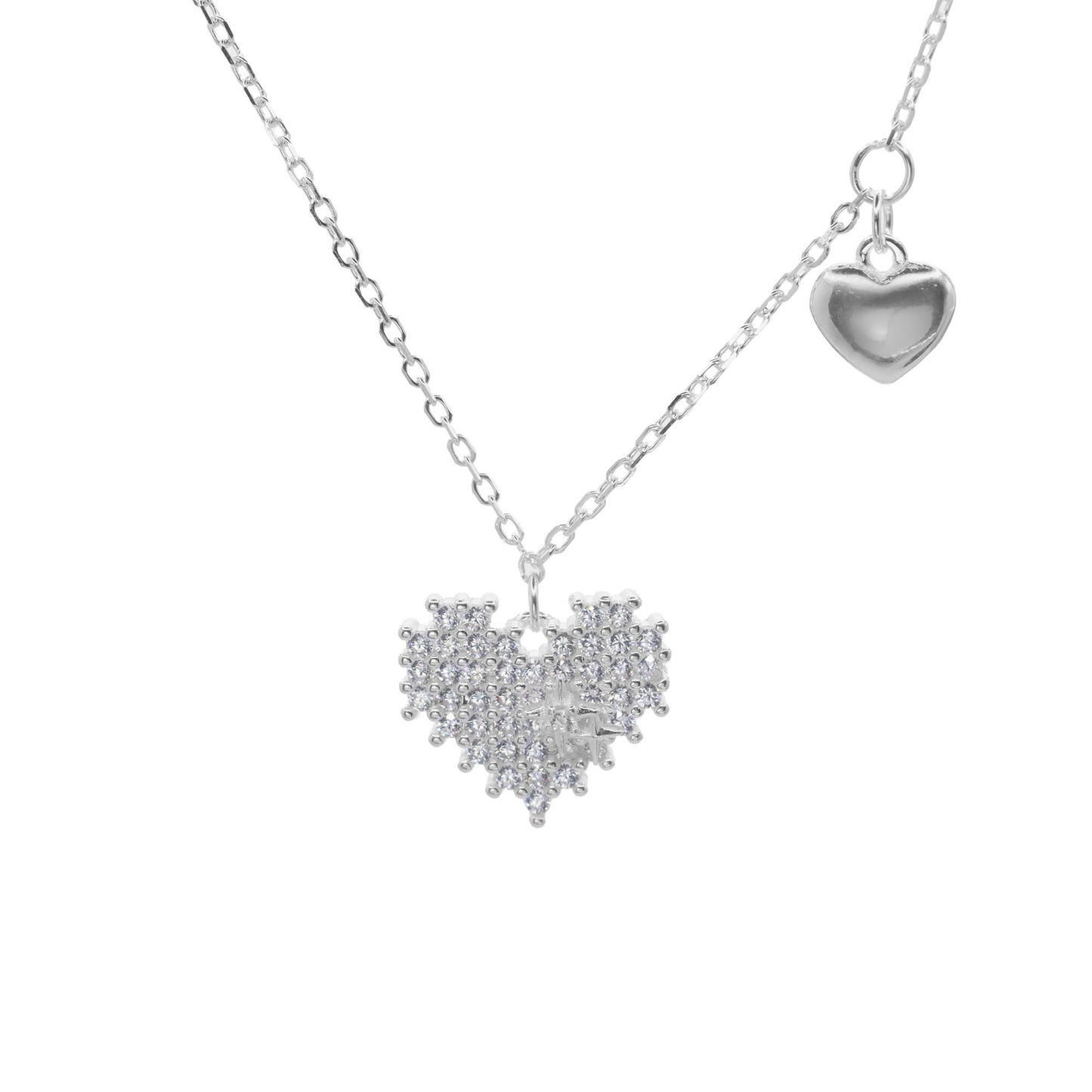 Collar de Plata Doble Colgante Corazón Liso y Serie de Circones