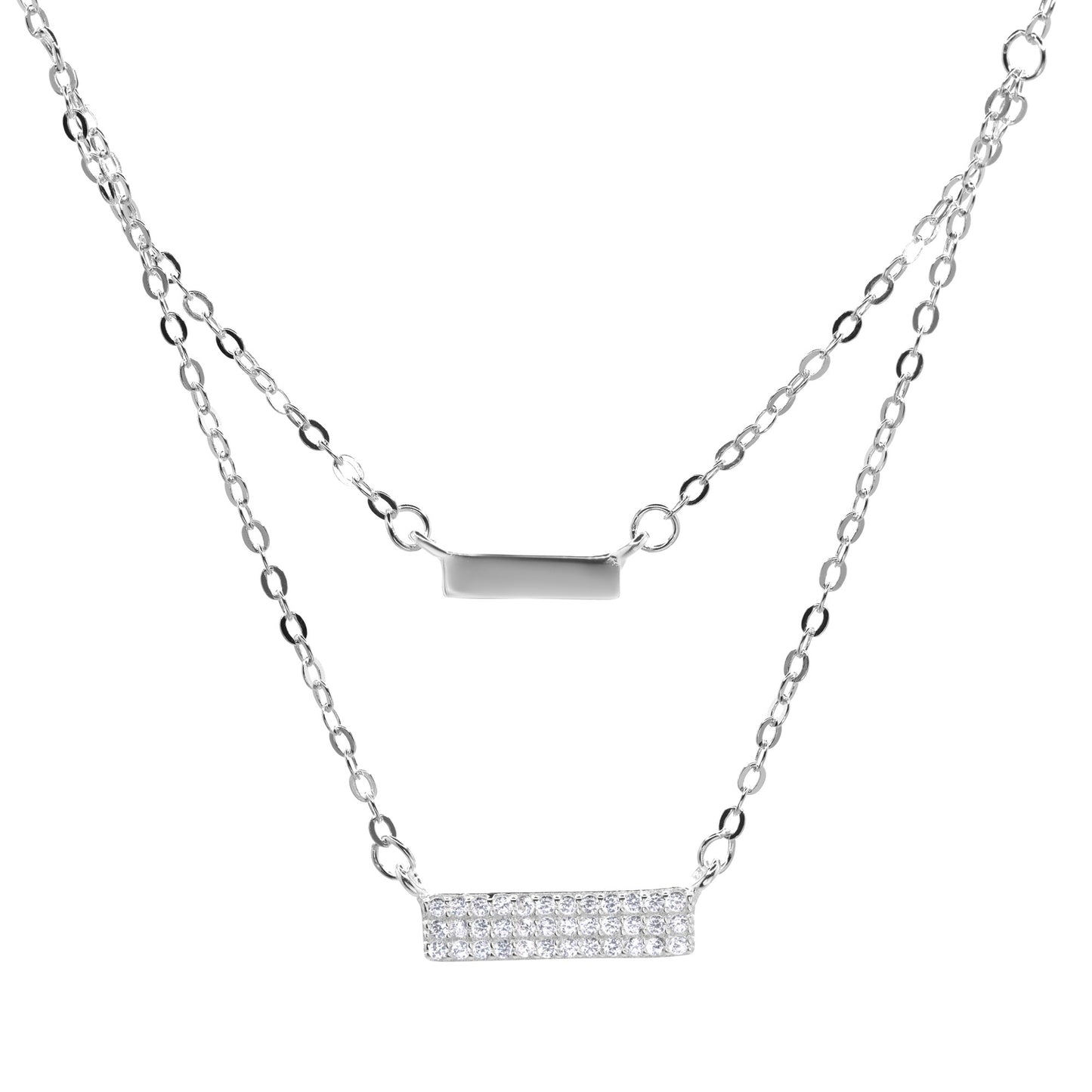 Collar de Plata Doble con - Varita Lisa y Circones