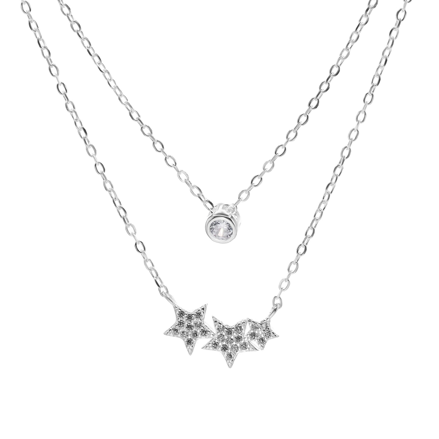 Collar de Plata Doble con Punto de luz y Trío de Estrellas con Circones