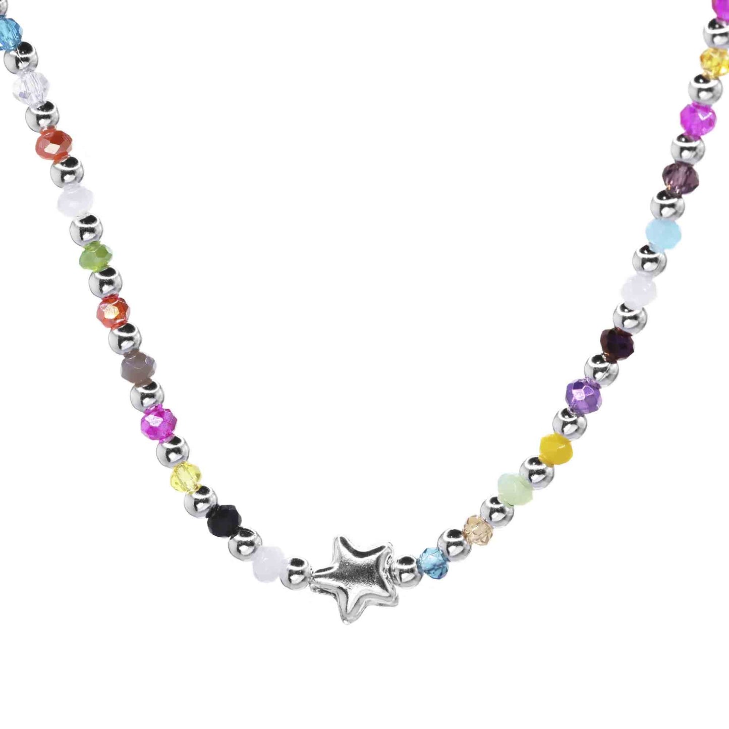 Collar de Plata Esferas Lisas con Piedras Ágata de Colores y Figura de Estrella