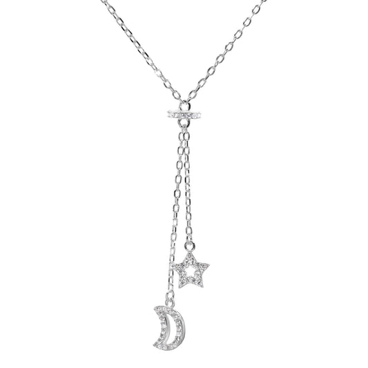 Collar de Plata - Ajustable con Estrella y Luna con Circones