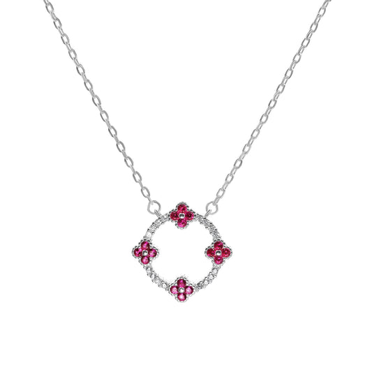 Collar de Plata - Argolla con Flores Magenta y Circones en los Bordes