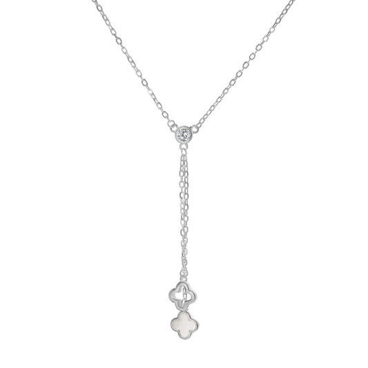 Collar de Plata - en Y Cadena con Terminales de Trébol Liso y Nácar