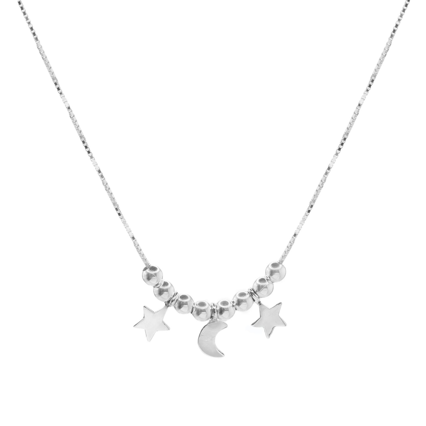 Collar de Plata - Esferas Lisas con Placas de Luna y Estrellas Lisas