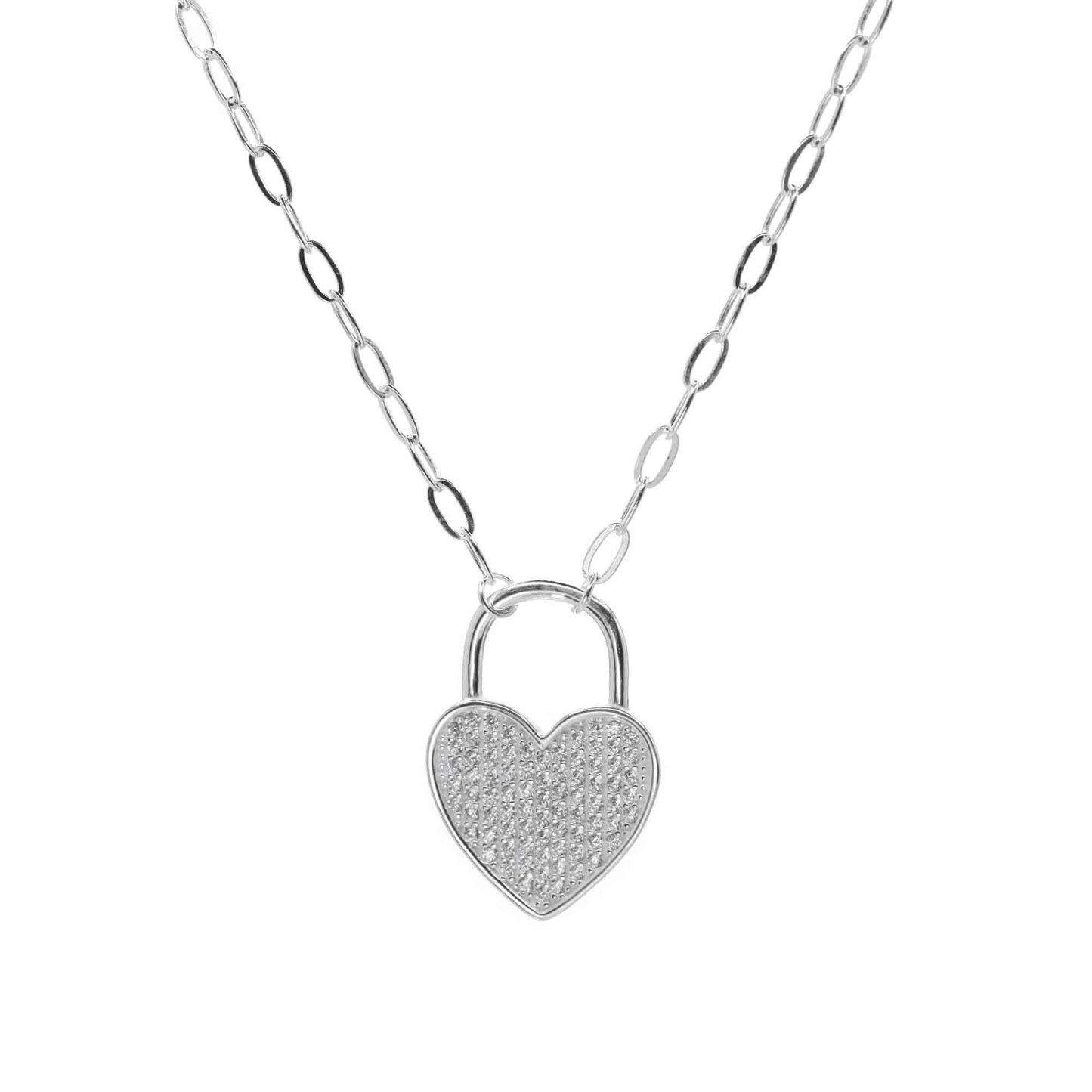 Collar de Plata - Eslabones Tradicionales con Candado Corazón de Circones
