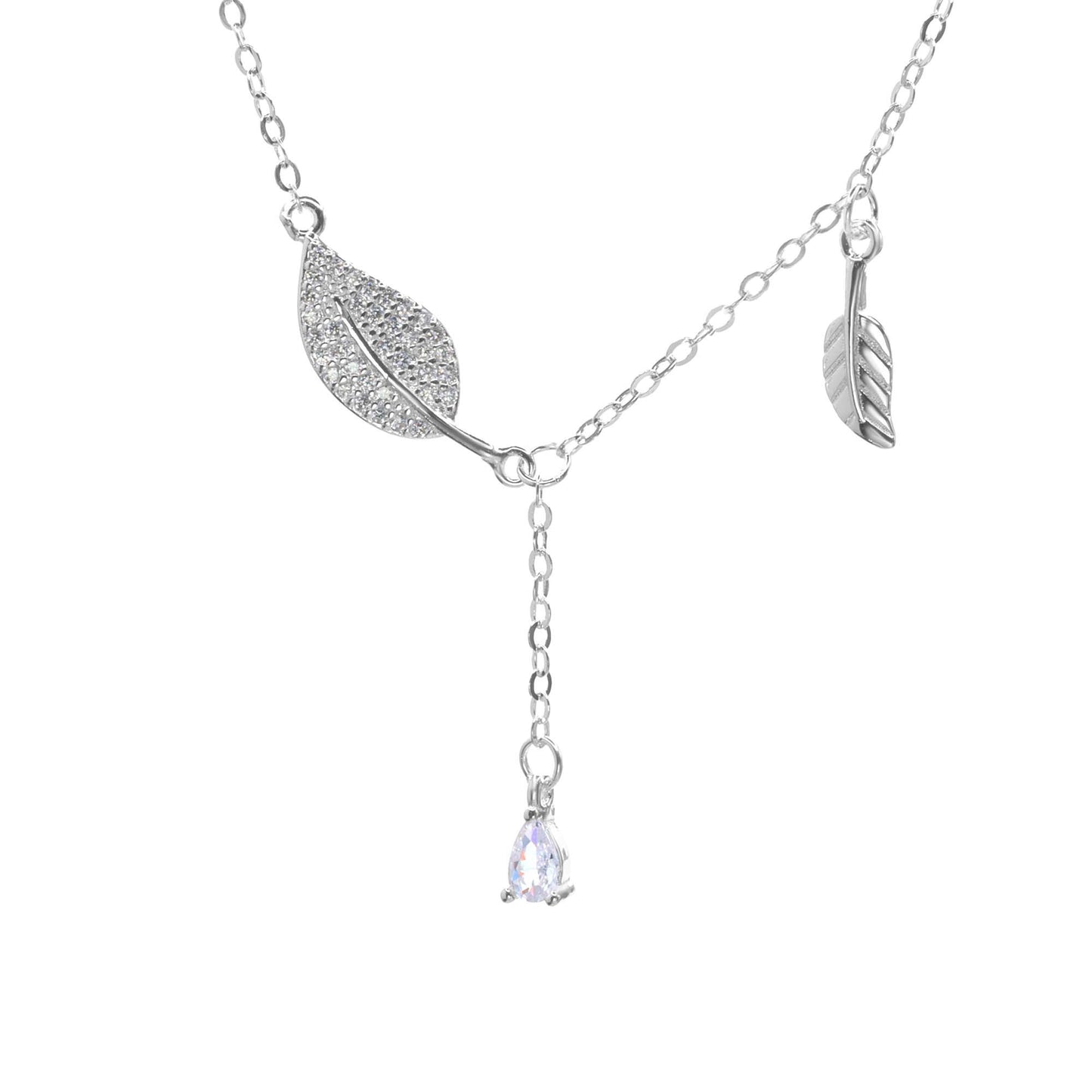 Collar de Plata - Hoja Circones y Lisa con Pequeño Circón de Gota