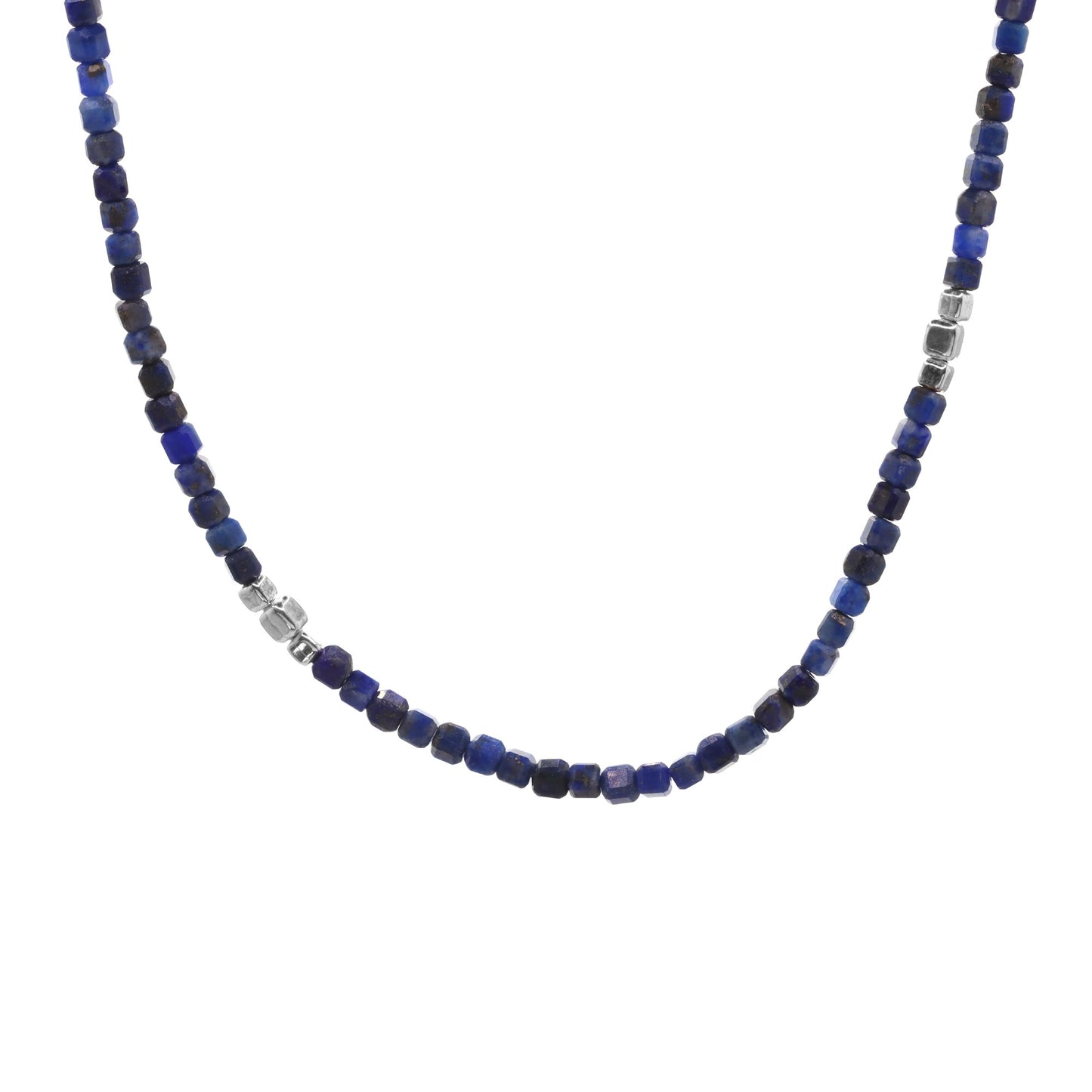 Collar de Plata - Piedra Lapislázuli Combinado con Cubos de Plata Lisa