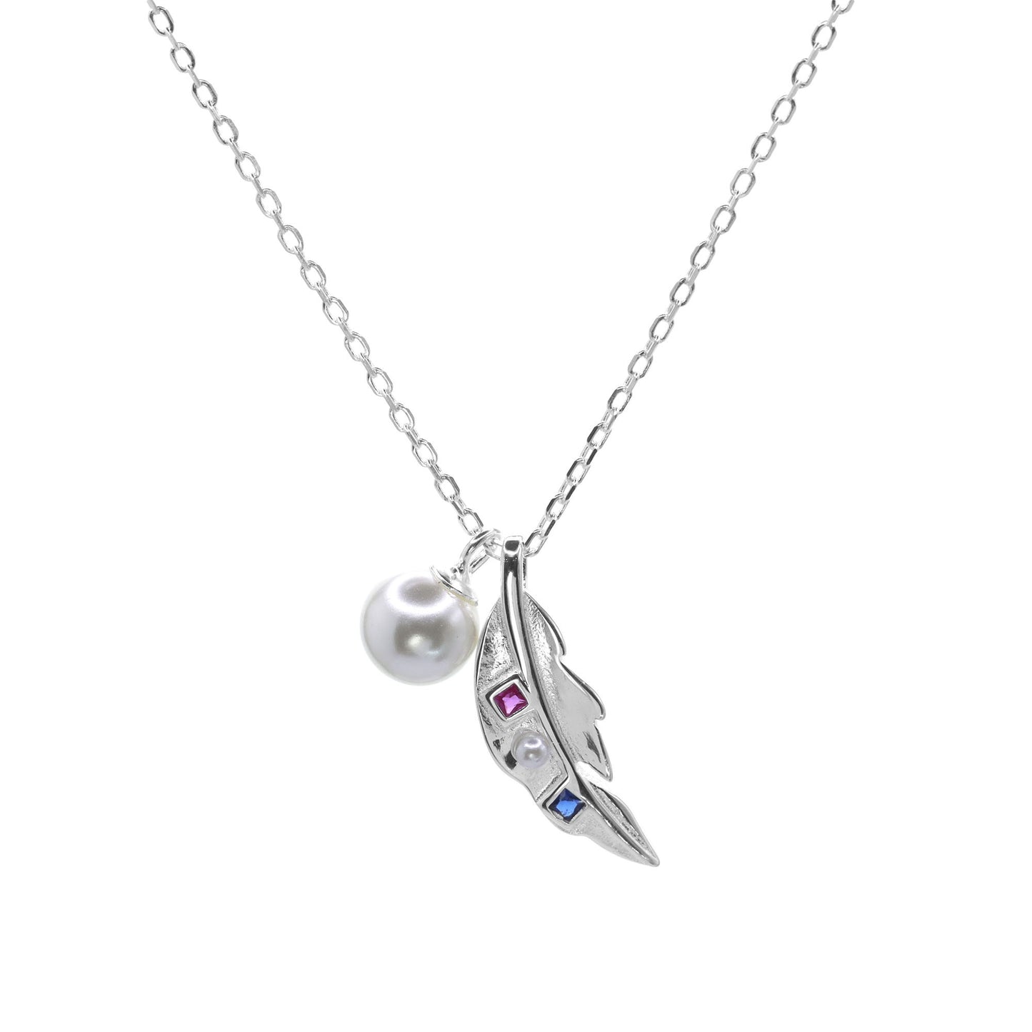Collar de Plata - Pluma con Circón de Colores y Pequeña Perla