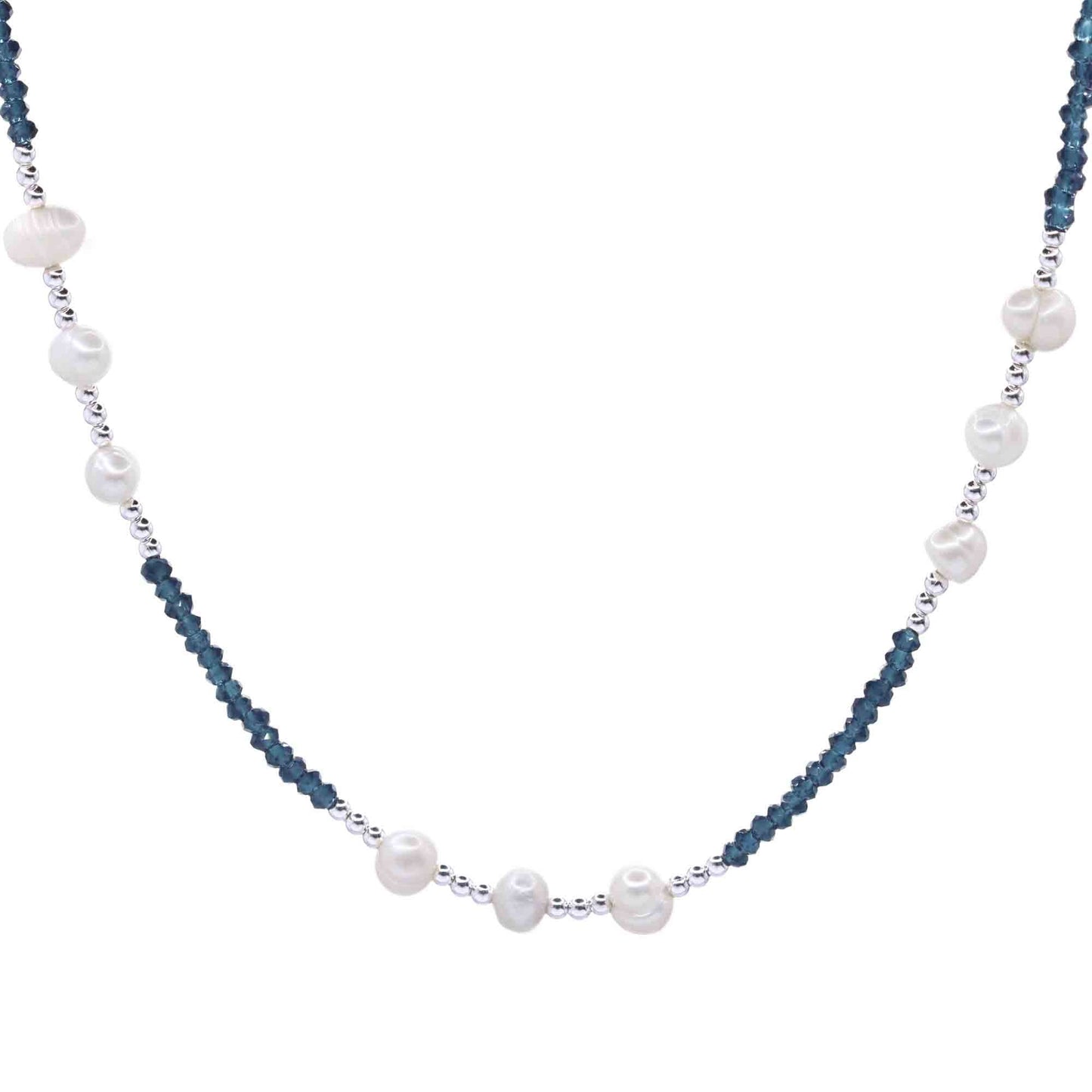 Collar de Plata Perlas y Mostacilla Azul Petróleo con Esferas - DJOYAS