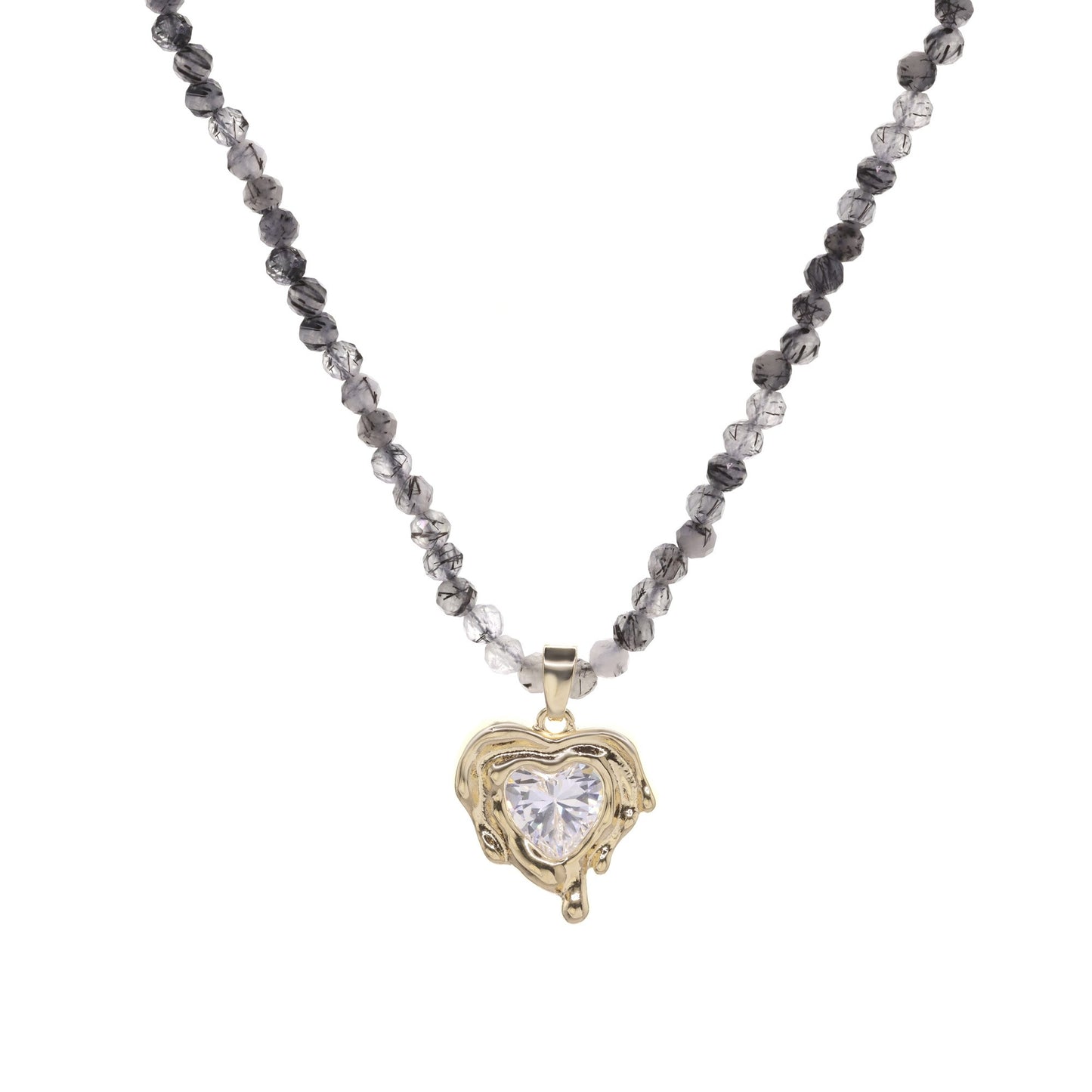 Collar Enchapado en Oro Cristales Grises y Colgante Corazón con Gran Circón