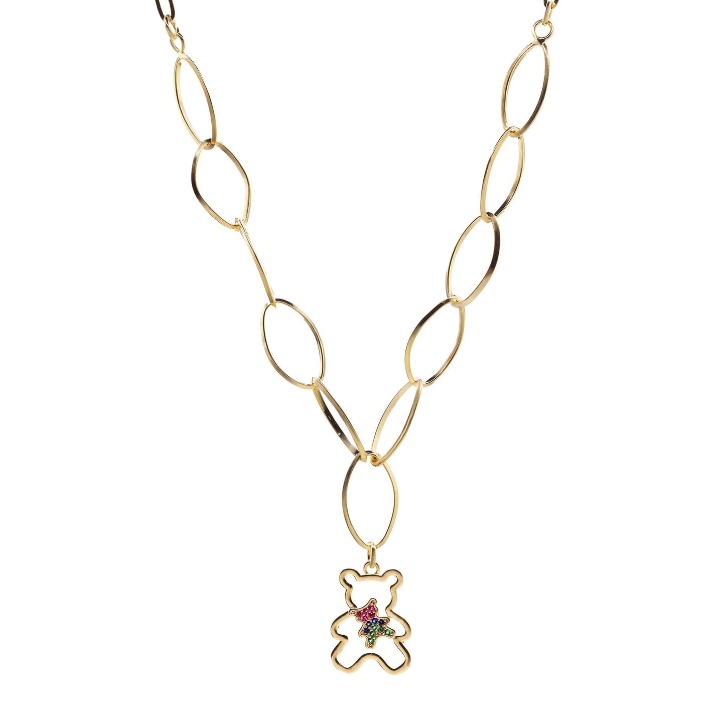 Collar Enchapado en Oro - Eslabón Ovalado con Colgante Silueta de Oso y Circones de Colores