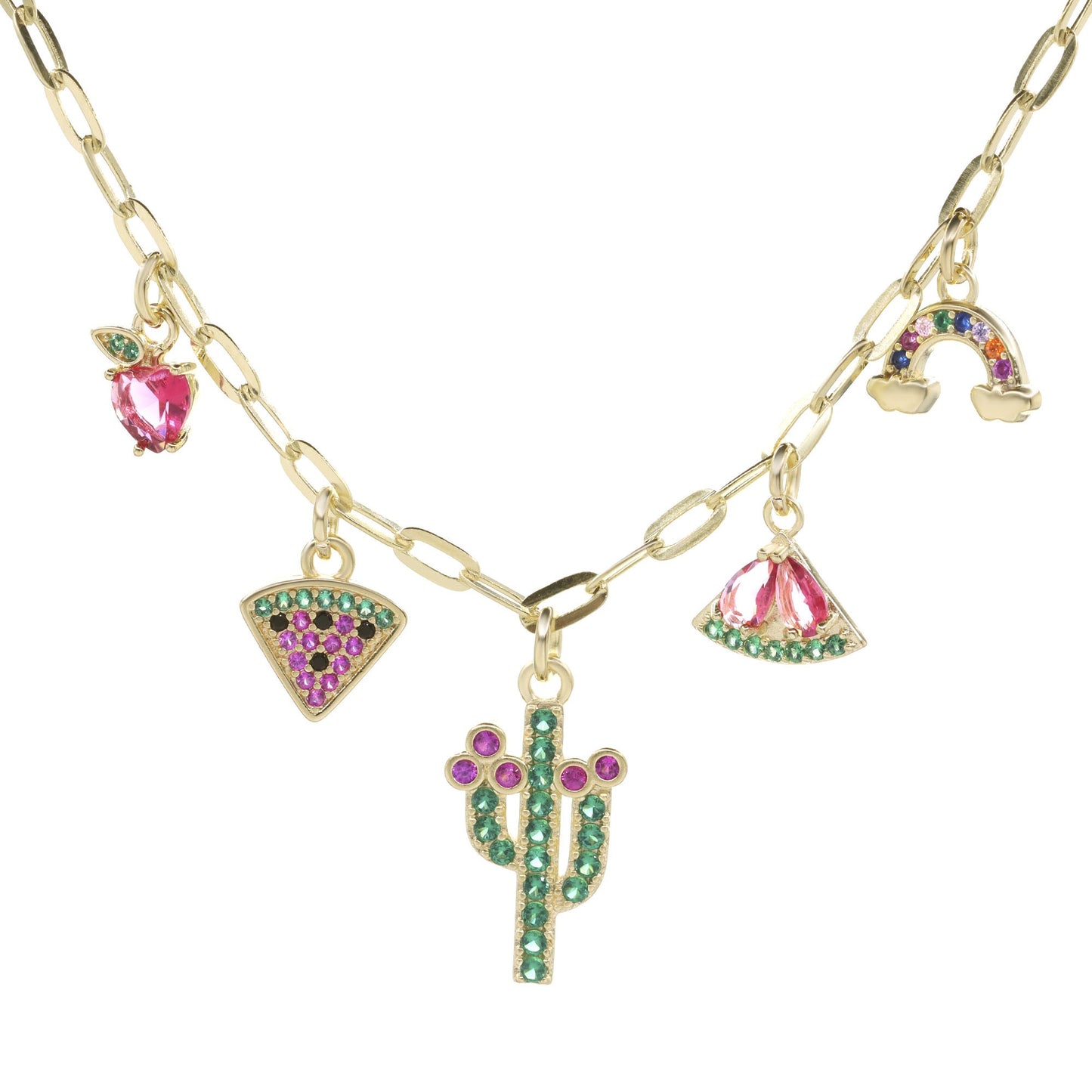 Collar Enchapado en Oro - Figuras Sandía y Cactus con Circones de Colores