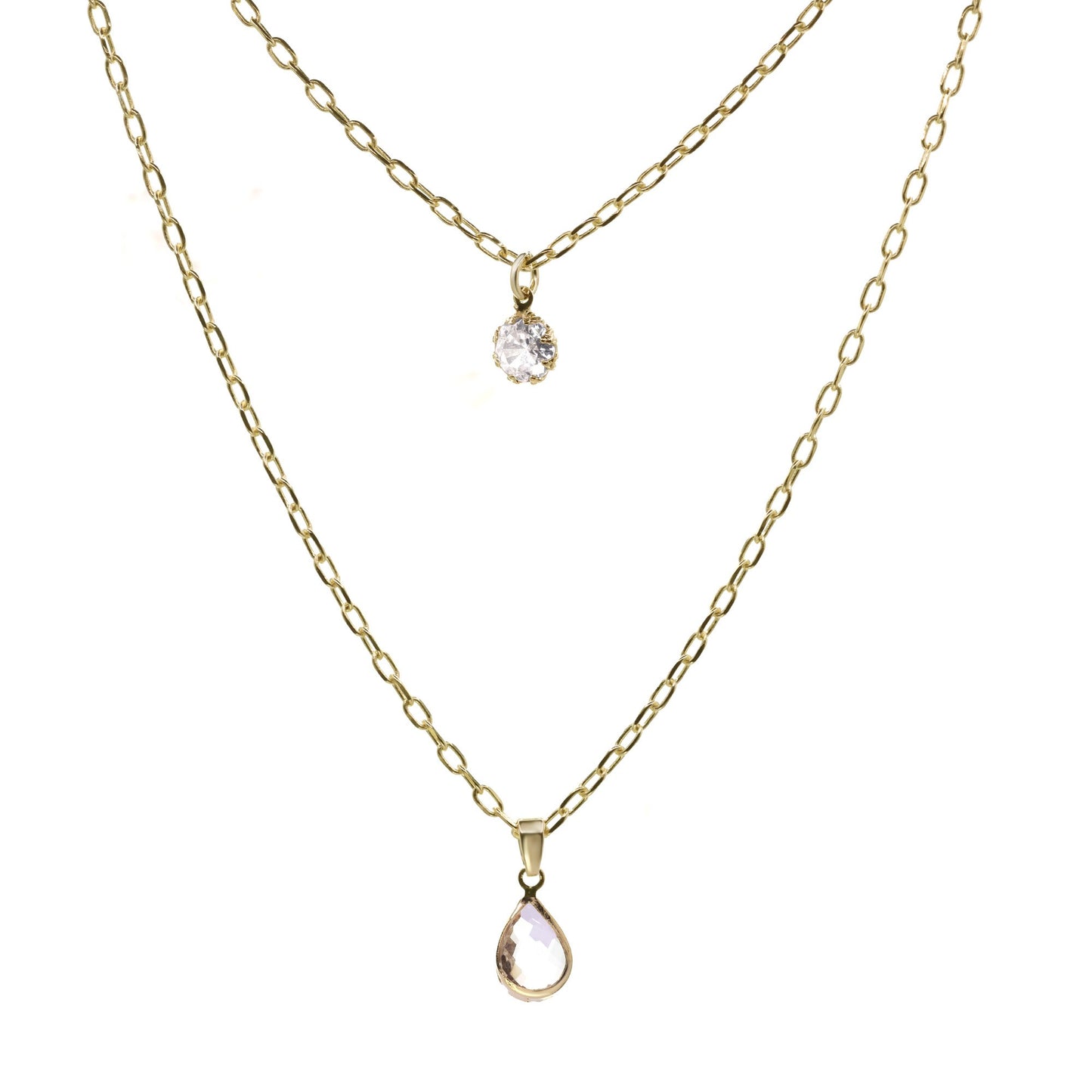 Collar Enchapado en Oro Doble Cadena con Circón y Cristal de Gota