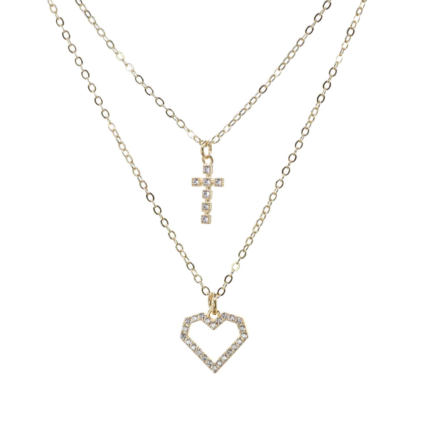 Collar Enchapado en Oro Doble Corazón y Cruz de Circones