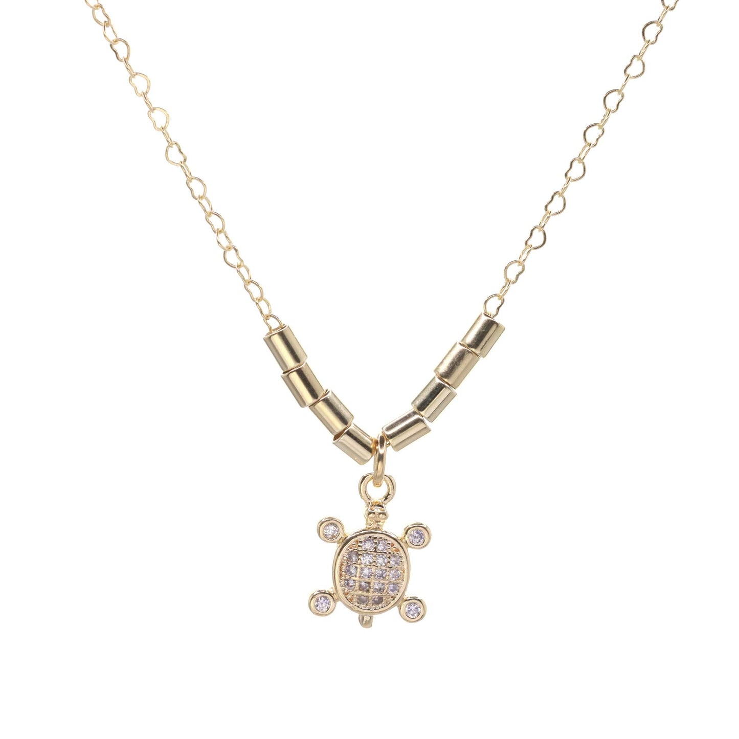 Collar Enchapado en Oro Eslabones de Corazón con Dije Tortuga y Terminales Dorados