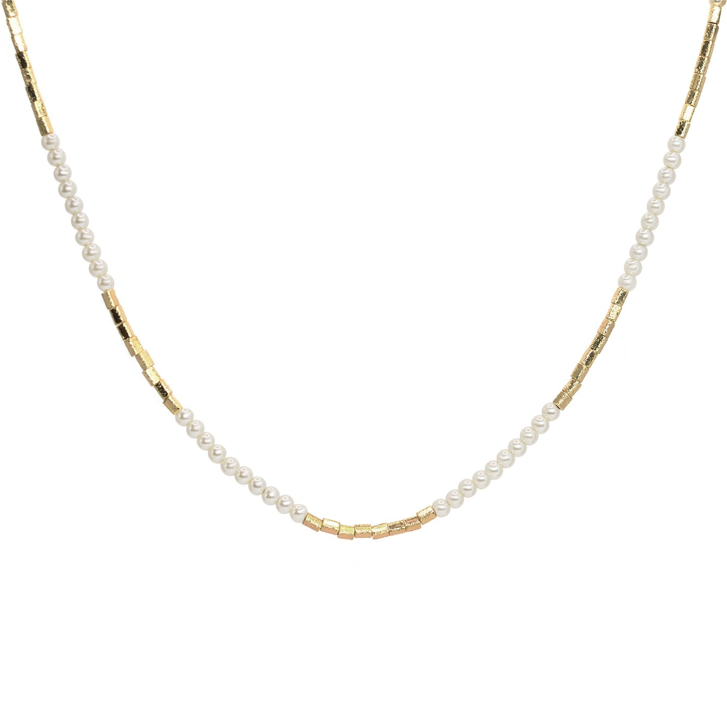 Collar Enchapado en Oro Pequeñas Perlas de Imitación Combinadas con Canutillos Dorados Satinados