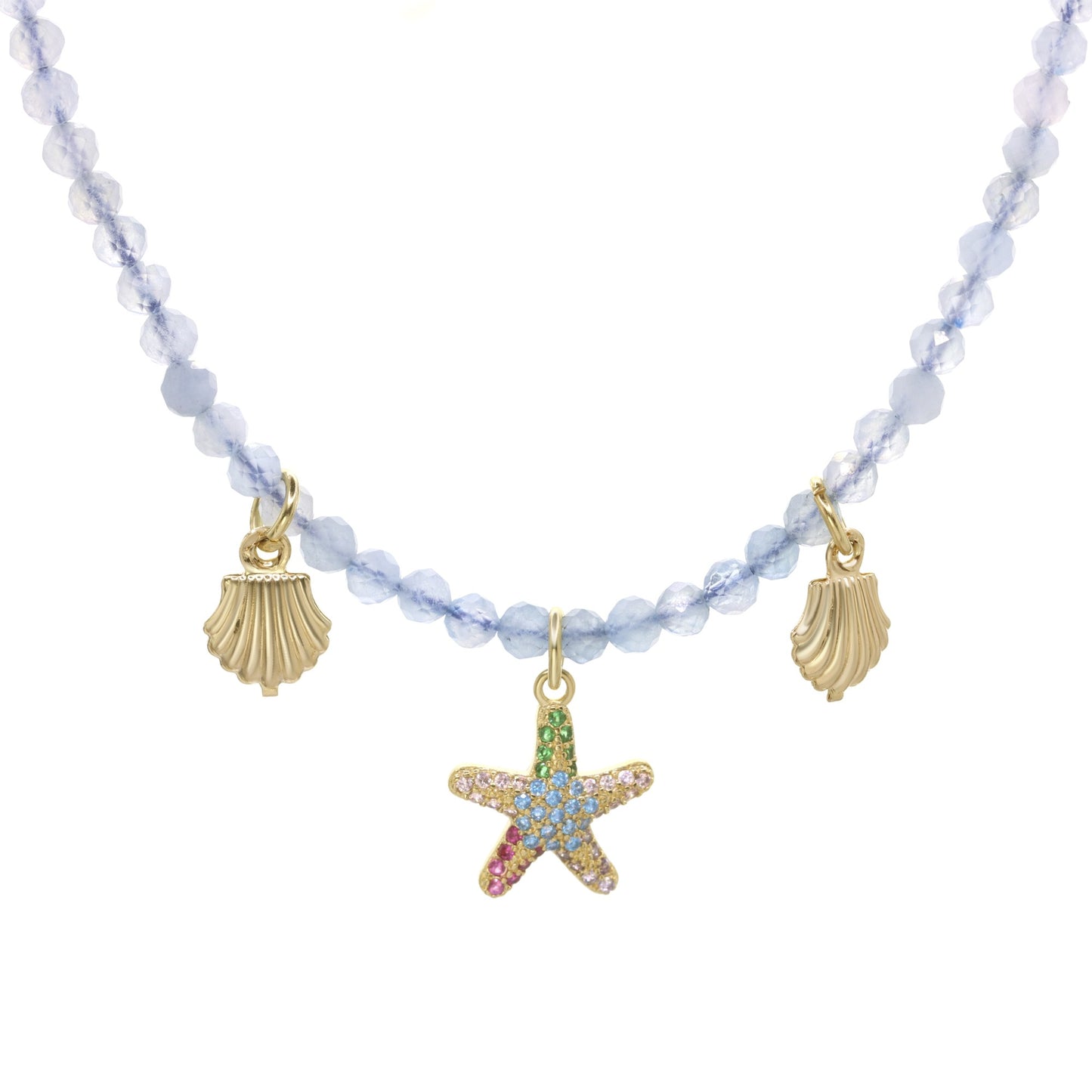 Collar Enchapado en Oro Piedras Ágata con Dijes Concha y Estrella de Mar con Circones de Colores
