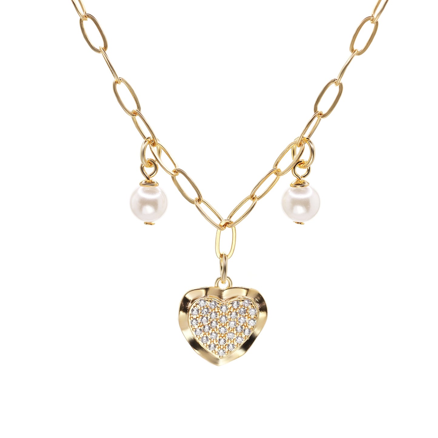 Collar Enchapado en Oro Placa Corazón con Circones y Perlas