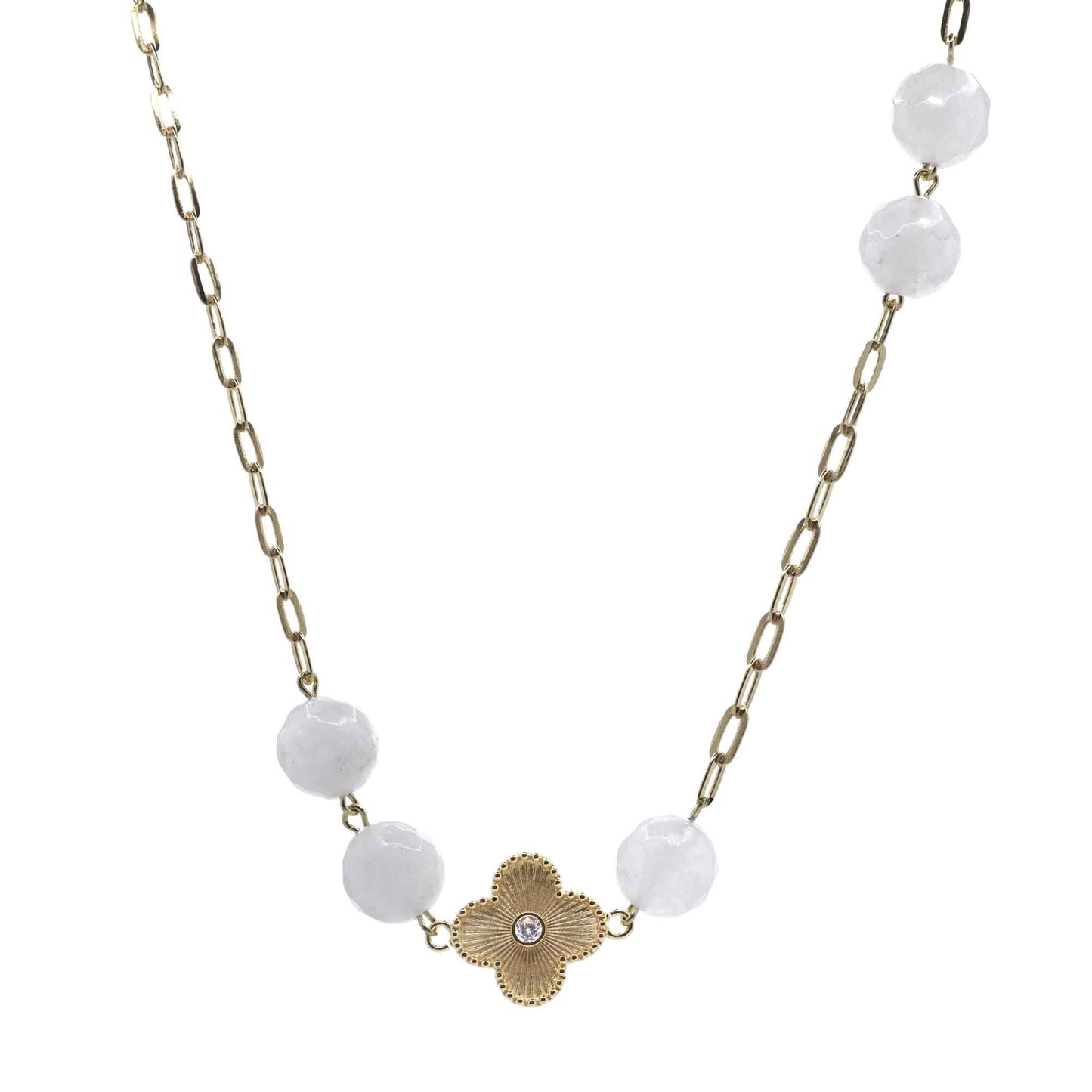 Collar Enchapado en Oro Placa de Flor con Esferas de Piedra Cuarzo