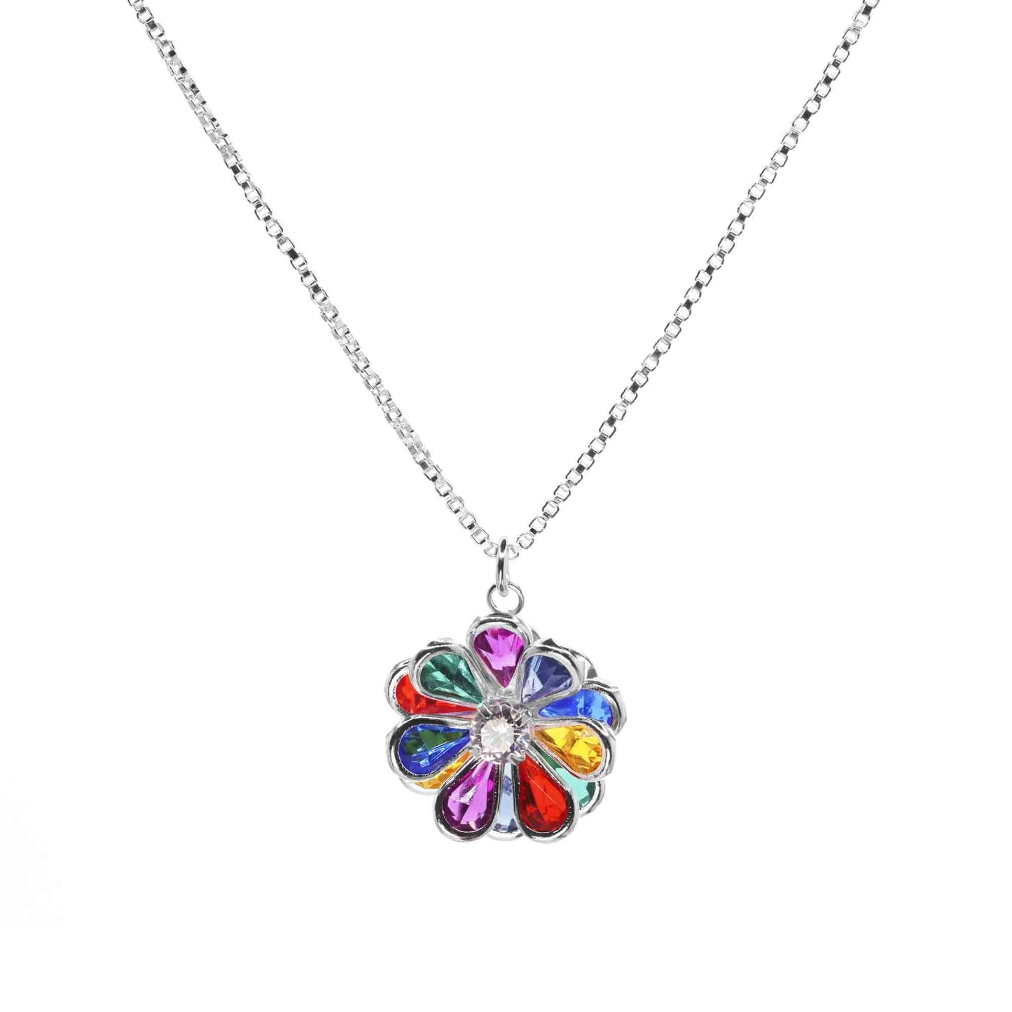Collar Enchapado en Plata - Flor con Circones de Colores