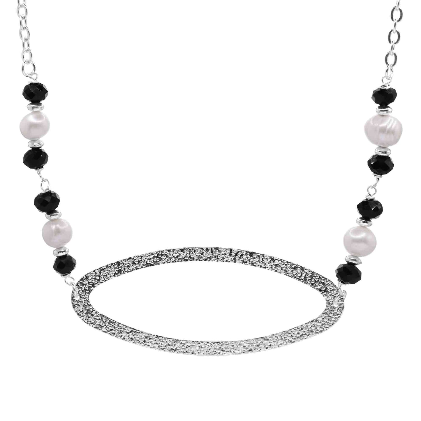 Collar Enchapado en Plata Ovalo con Relieves Cristales Negro y Perlas - DJOYAS