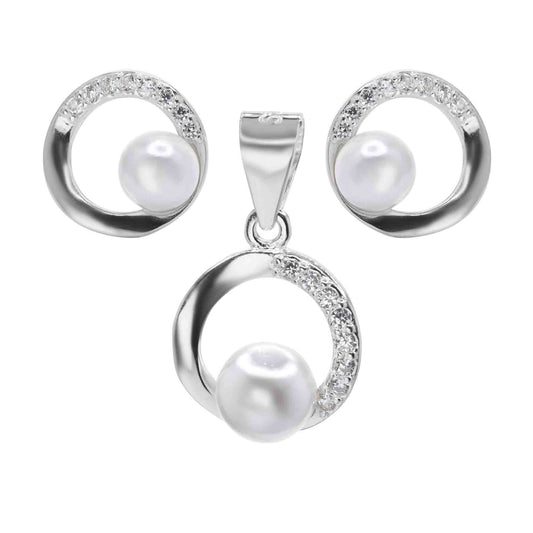 Conjunto de Plata Circulo con Circones y Perlas de Imitación