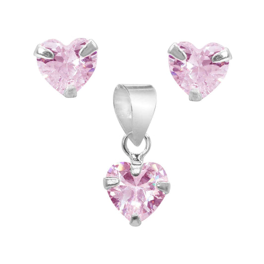 Conjunto de Plata Corazones de Circón Rosa 6 mm
