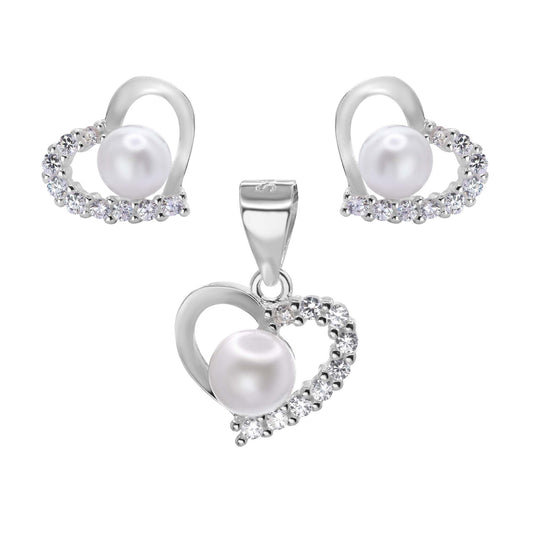 Conjunto de Plata Corazones de Circones con Perlas de Imitación