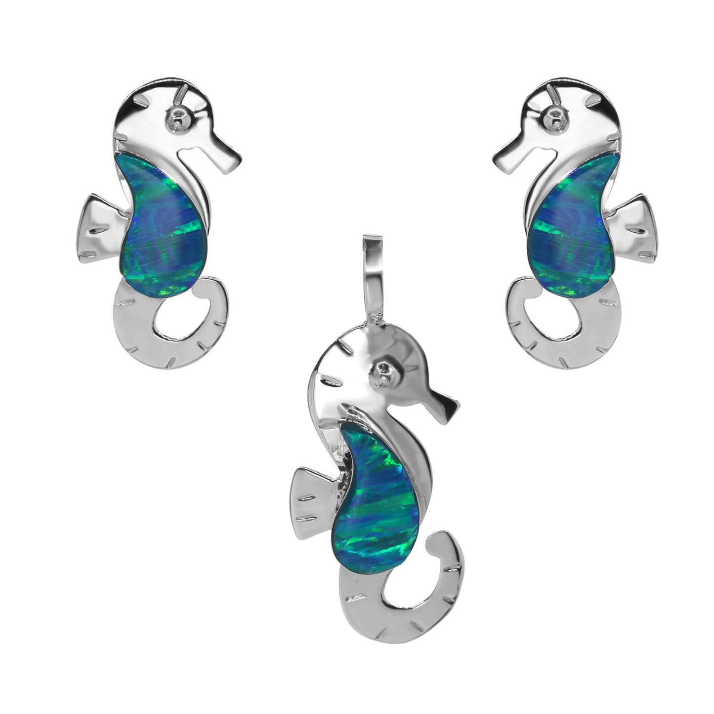 Conjunto de Plata - Caballo de Mar con Aplicación Ópalo Verde