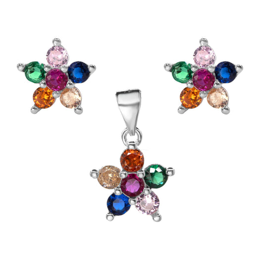 Conjunto de Plata - Flor Circones de Colores con Grifa