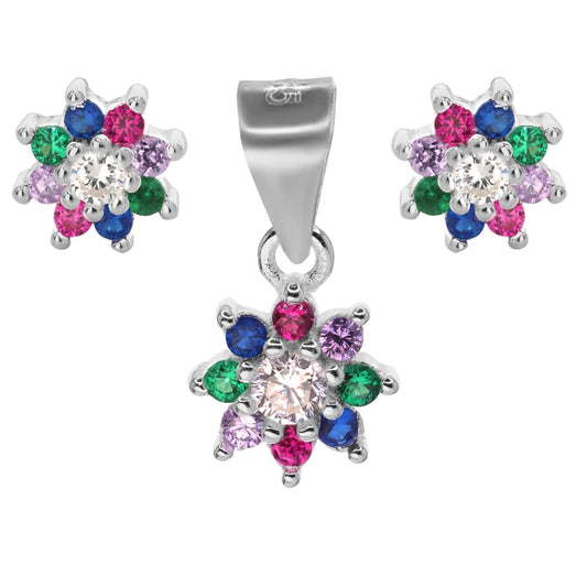 Conjunto de Plata - Flor con Circones de Colores