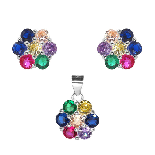 Conjunto de Plata - Flor con Circones de Colores