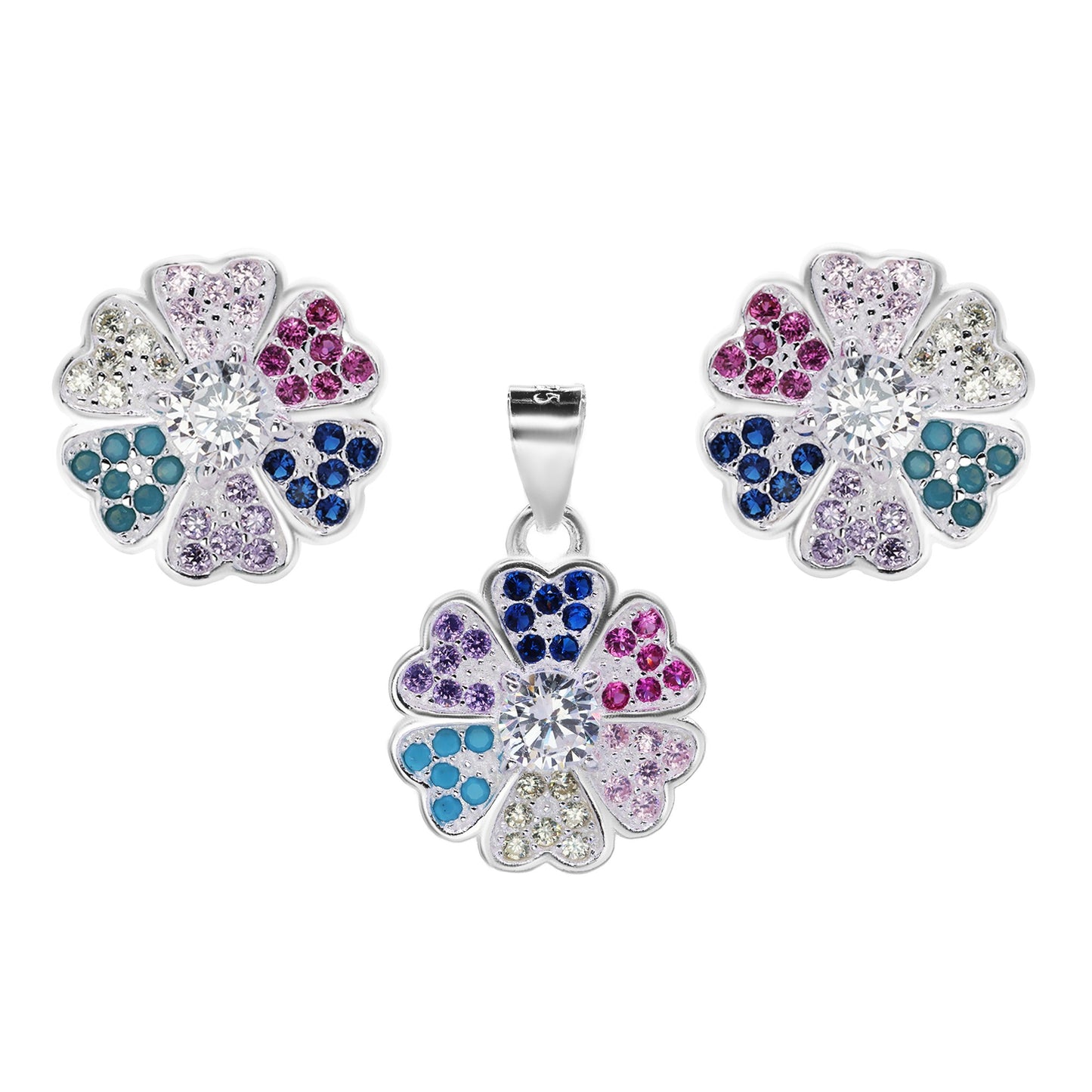 Conjunto de Plata - Flor de Margarita con Circones de Colores