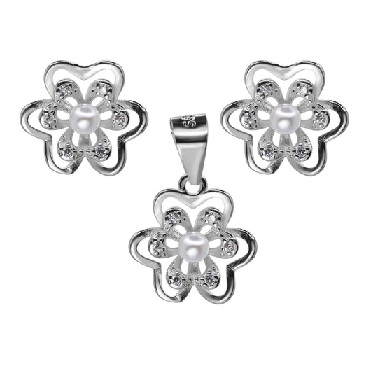 Conjunto de Plata - Flores con Pequeña Perla y Circones