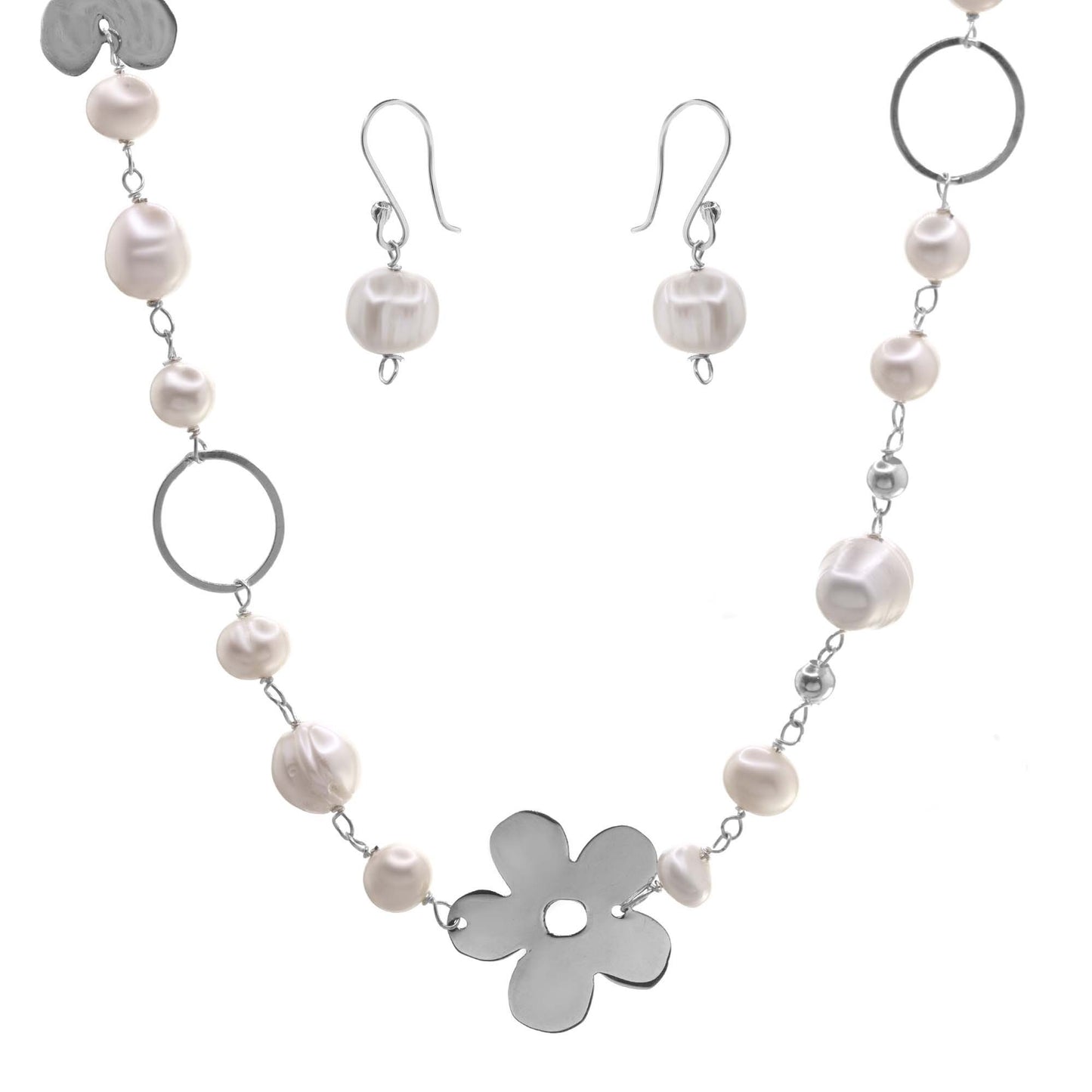 Conjunto de Plata - Perlas de Río con Flores Lisas
